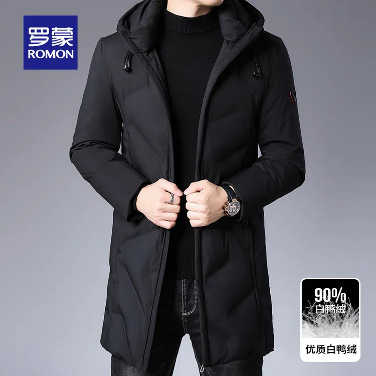 罗蒙冬季新款加厚款男士连帽白鸭绒羽绒服中长款防风商务休闲保暖