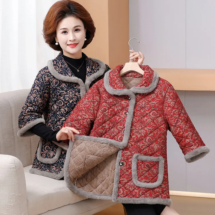 妈妈冬季新款洋气加绒中袖棉袄外套中老年人奶奶翻领碎花保暖棉衣