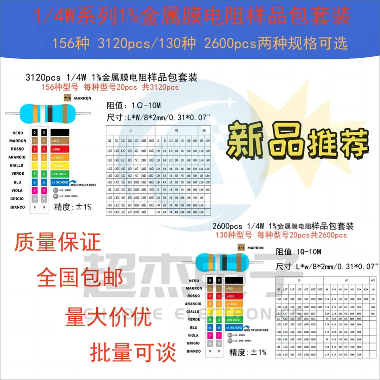 维修常用电阻包1/4W金属膜元件1%精度五色环混装套件156种全系列