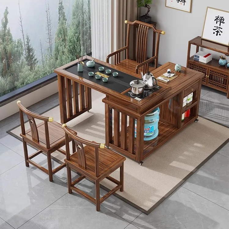 实木旋转茶桌椅组合家用阳台小型客厅烧水壶一体多功能可移动茶几