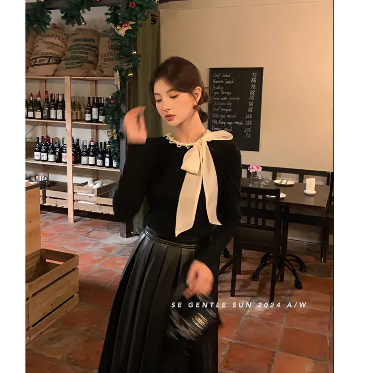 法式气质优雅小众系带小衫针织上衣小女人高腰百搭Ａ字半身皮裙 