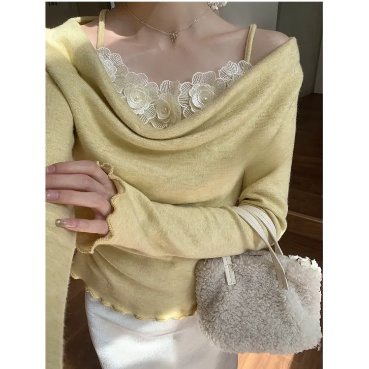 超多穿法～温柔荡领手工花朵上衣针织衫木耳边加厚缎面鱼尾裙