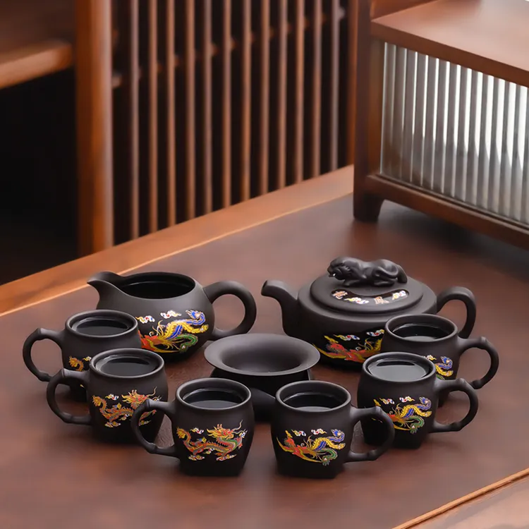 紫砂卧虎藏龙变色龙凤茶壶变色茶杯凤鸣壶功夫泡茶紫砂茶具套装