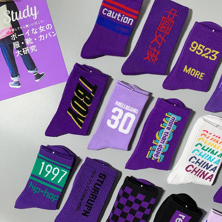 紫色袜子男女ins潮牌字母欧美式网红炸街头长袜嘻哈滑板运动潮袜