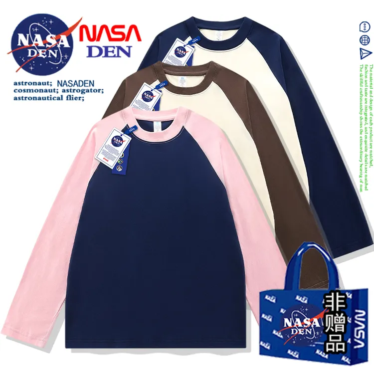 NASA联名秋季男士纯棉长袖T恤潮流圆领简约风宽松插肩袖ins情侣款
