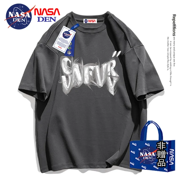 NASA联名纯棉短袖t恤男夏季潮流落肩袖宽松潮牌港风ins情侣款上衣