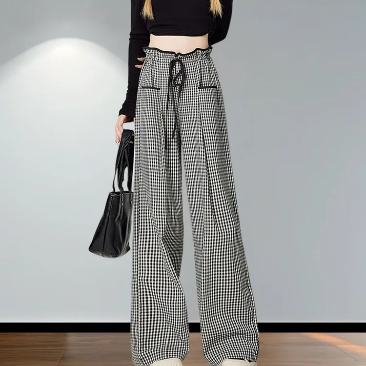 韩系撞色黑白格子阔腿裤女春季2025新款高腰抽绳显瘦休闲直筒裤女