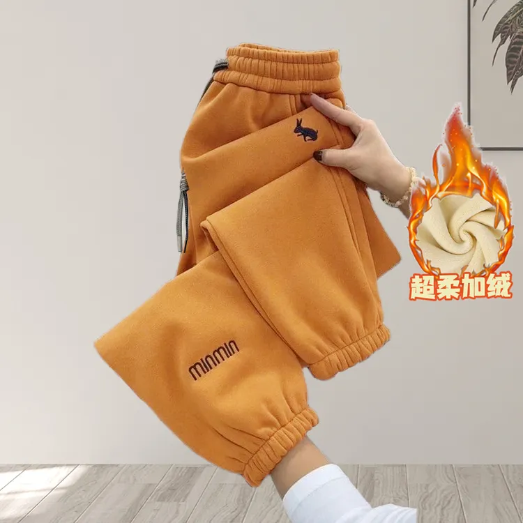 冬季2025新款加绒加厚哈伦裤女时尚刺绣束脚卫裤保暖显瘦运动裤子