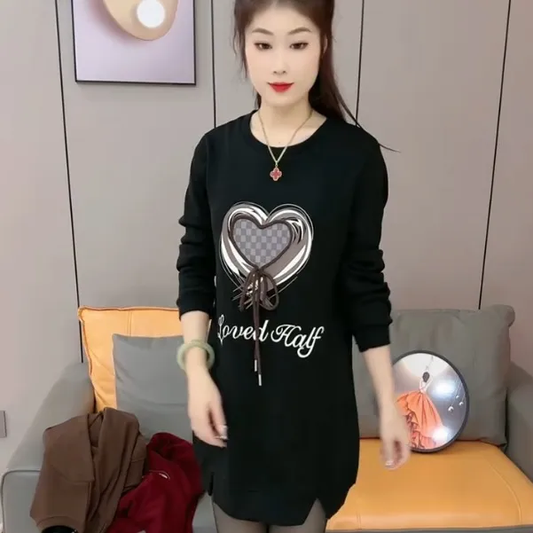 加绒/不加绒2024秋冬新款韩版印花拼接绳子立体装饰中长款开叉衫