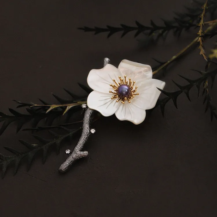铜合金贝壳胸针 优雅一枝富贵花胸针高档时尚百搭古风简约古典
