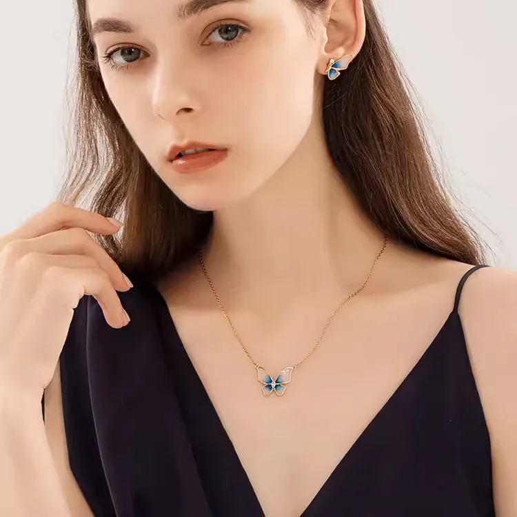 铜合金珐琅项链 小众蓝色蝴蝶项链+耳钉组合百搭时尚小众