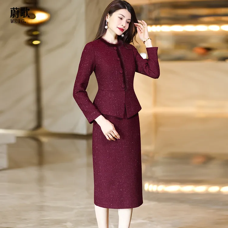 酒红色小香风包臀裙女冬新款时尚修身气质假两件酒红色连衣裙1861