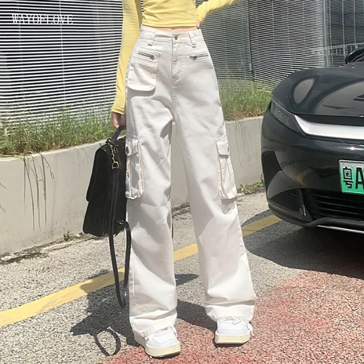高质量爆款白色工装牛仔裤女显瘦休闲裤窄版阔腿裤宽松直筒裤高腰
