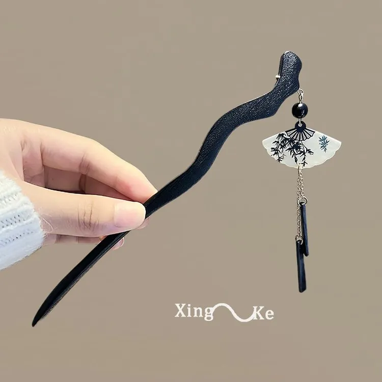 新中式复古国潮扇形墨竹流苏簪子女2024新款爆款时尚气质古风发簪