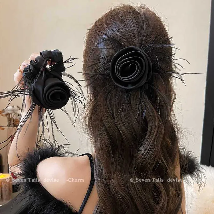 超仙玫瑰花羽毛发圈扎头发发绳2024新款高弹力耐用橡皮筋头绳发饰