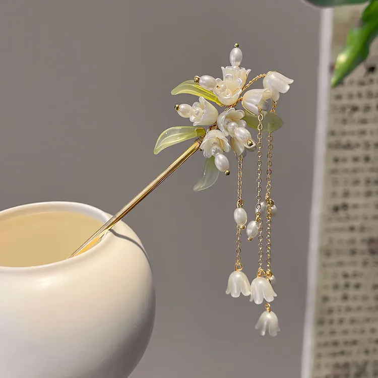 古风颤珍珠铃兰花流苏发簪女夏季配旗袍汉服
