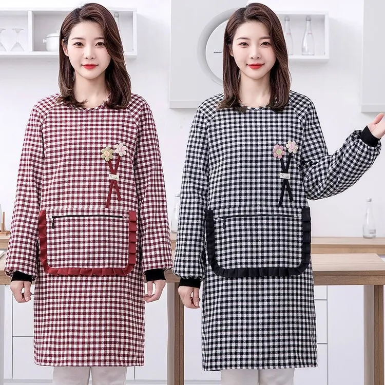 棉布罩衣成人女款上班耐磨工作服厨房专用长袖围裙餐饮干活反穿衣