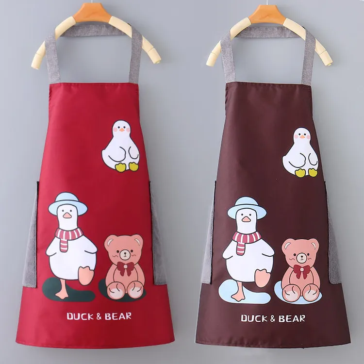 厨房家用围裙无袖防水防油污卡通可爱印花围腰男女擦手上班工作服