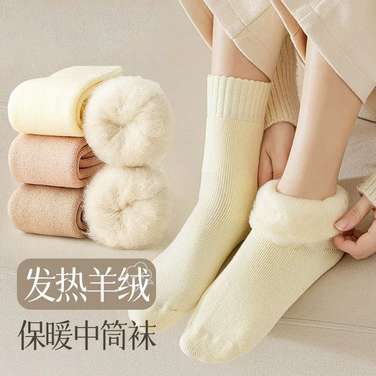 袜子女秋冬季月子袜加绒加厚保暖地板袜雪地羊绒毛圈袜毛巾中筒袜