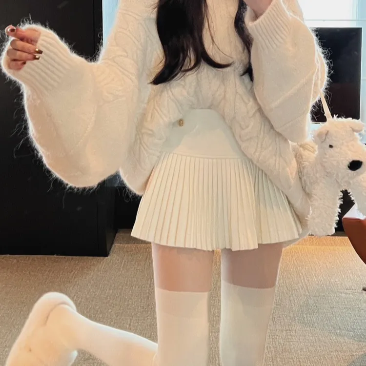 2025秋冬新款时尚辣妹高腰显瘦毛呢短裙百褶裙呢子A字裙半身裙子