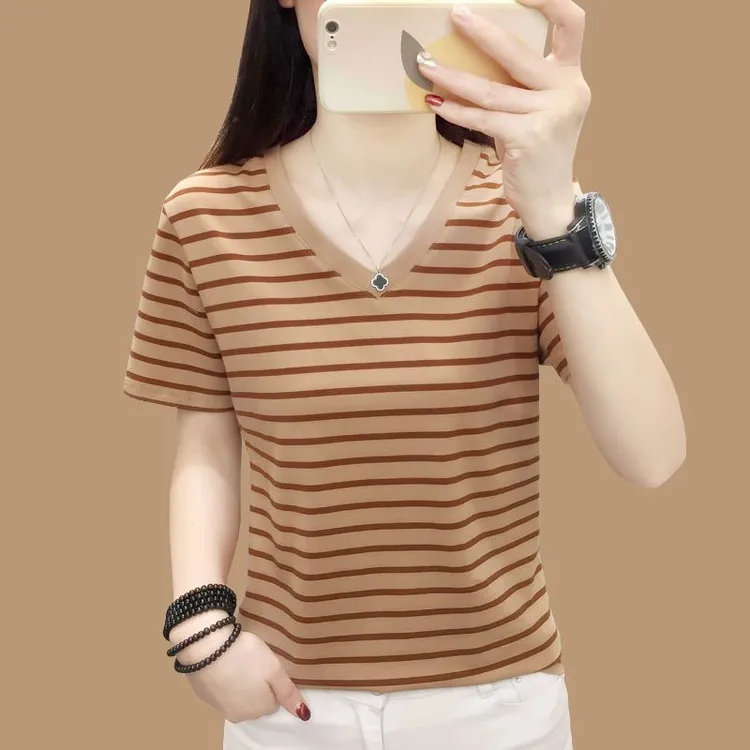 短袖t恤女2023年新款夏季棉质v领大码女装妈妈遮肚鸡心领上衣服