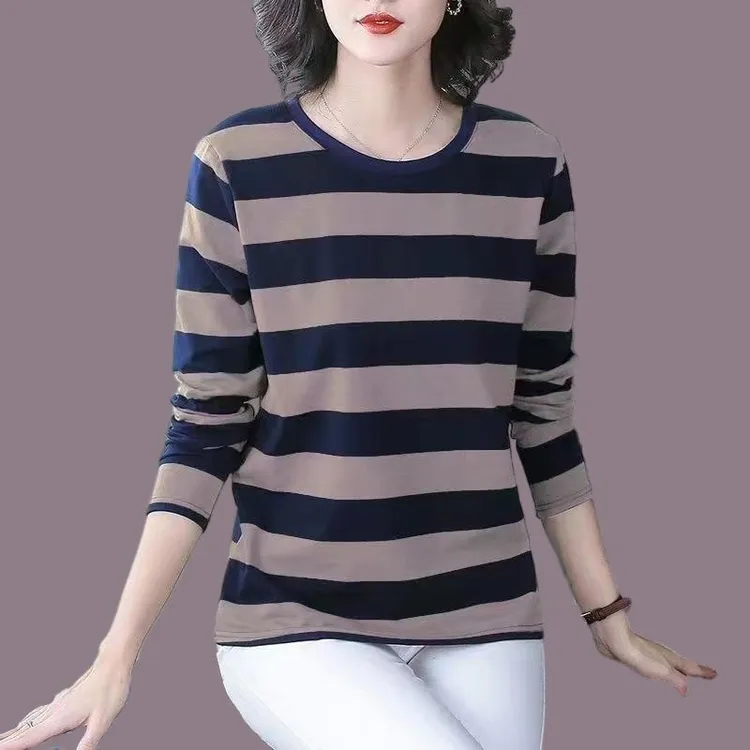 棉质条纹长袖t恤女2023春秋装新款外穿宽松中老年妈妈上衣打底衫