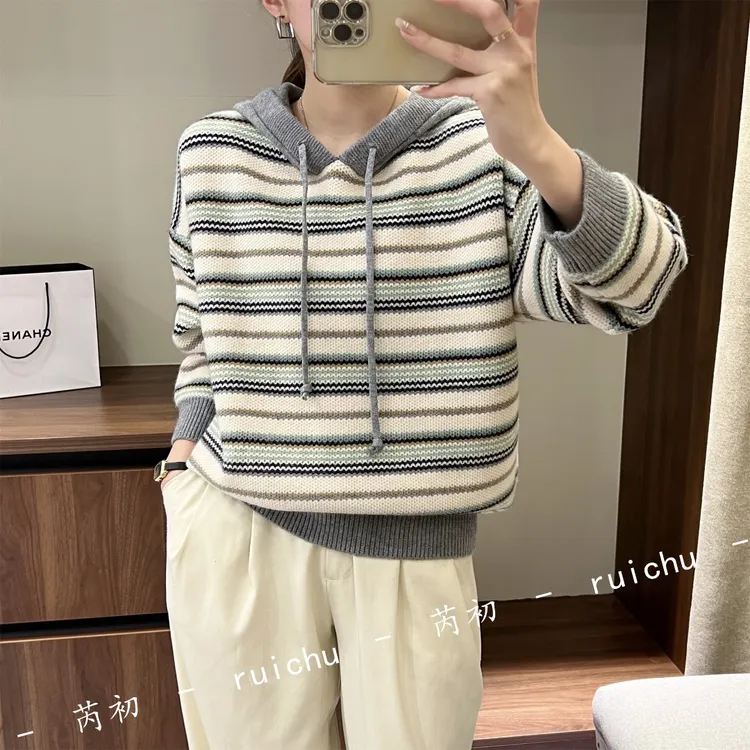 2166【小清新帽衫】拼色质感连帽针织毛衣外穿秋冬水波纹提花帽衫