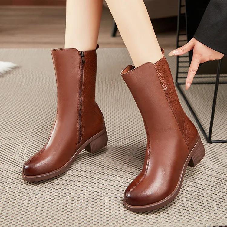 真皮中筒靴女全牛皮高筒棉皮靴秋冬新款加绒保暖长靴防滑妈妈靴子