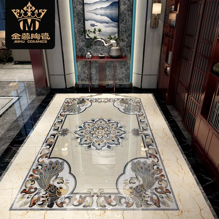 定制镀金孔雀新中式别墅酒店会所客餐厅入户地面拼花瓷砖拼图地砖