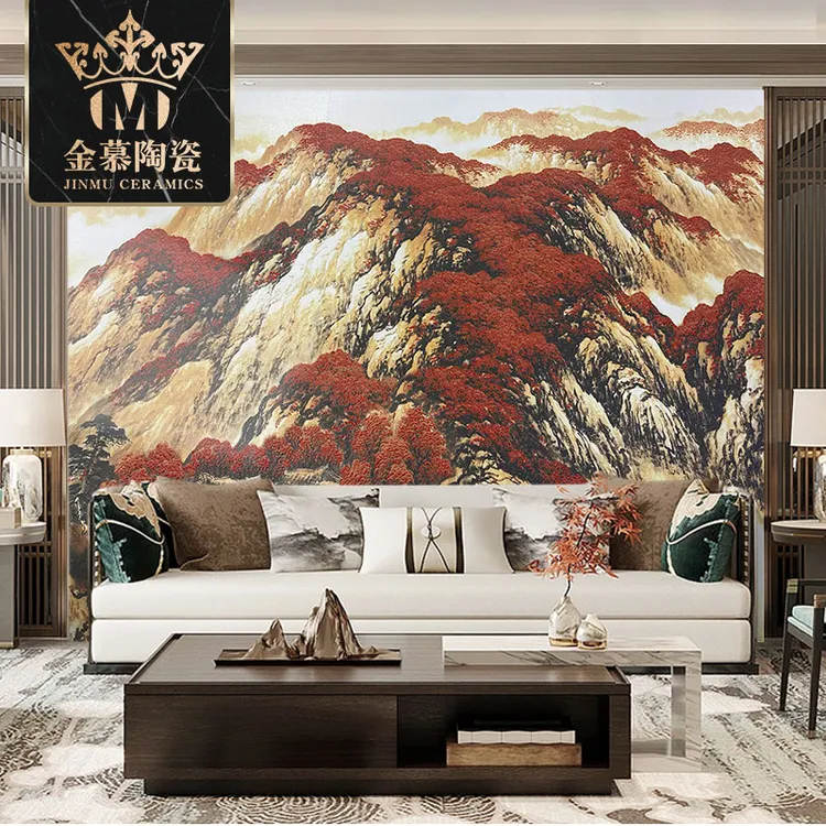 鸿运当头中式岩板背景墙颗粒质感别墅酒店客厅电视墙面壁画大板砖