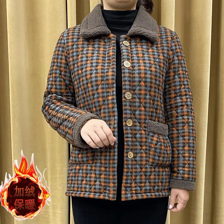 <工厂直销>冬季中年时尚小格子加绒保暖女士加厚棉袄新款潮牌女装