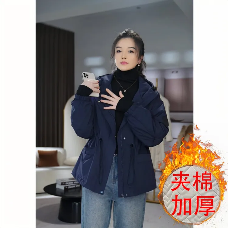 冲锋衣外套女中长款加棉加厚秋冬2025新款收腰宽松小个子棉服上衣
