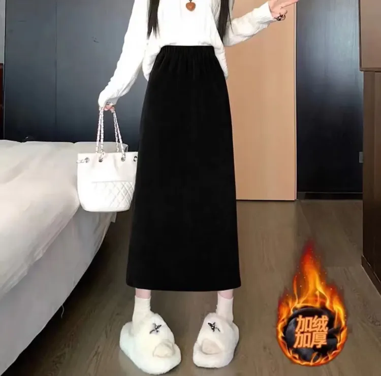 大码200斤半身裙遮肉松紧腰高腰欧棉绒女秋冬新款休闲长裙女直筒