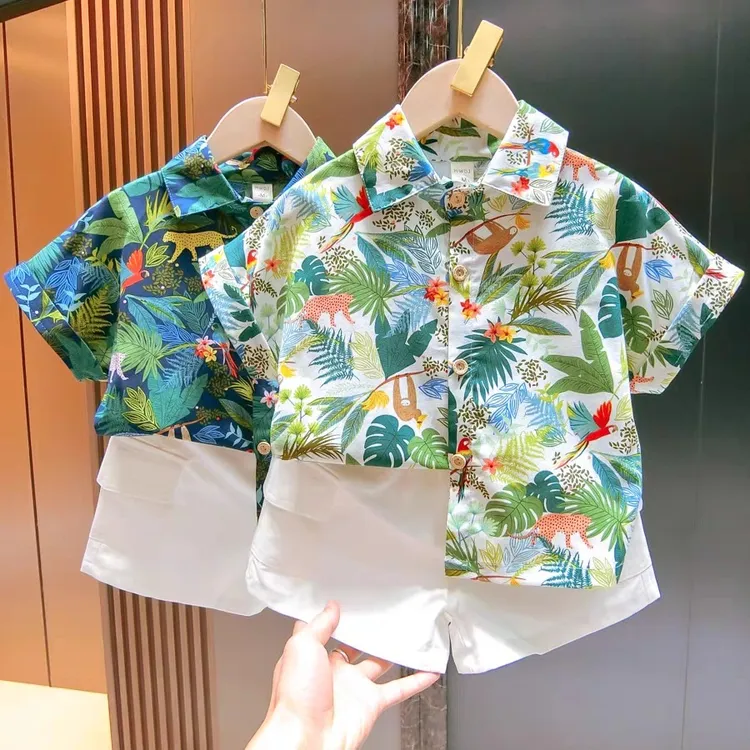 儿童花衬衫男童夏威夷港风衬衫沙滩服纯棉男小童洋气短袖套装夏装