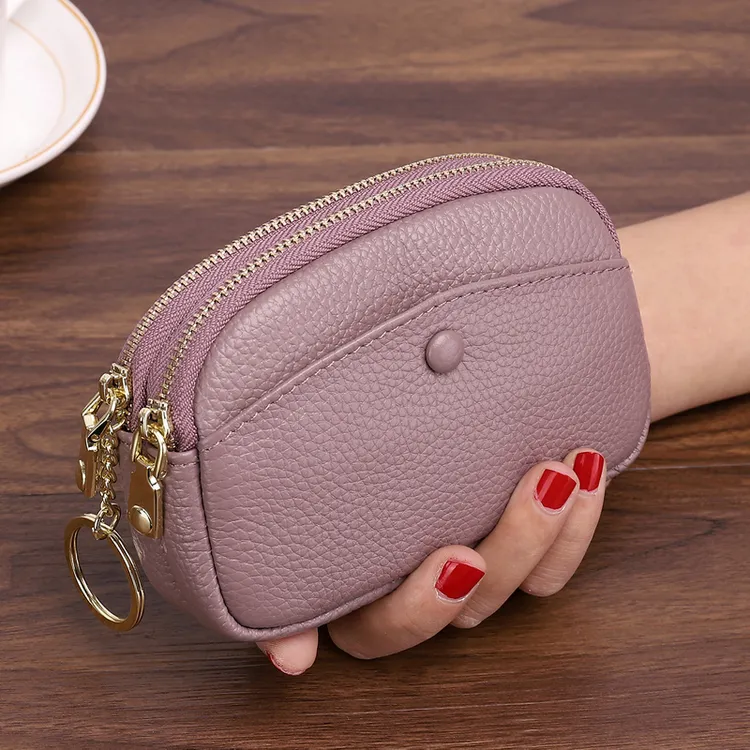 牛皮手拿零钱包双层女钥匙扣简约卡包小包妈妈可爱硬币包软皮真皮