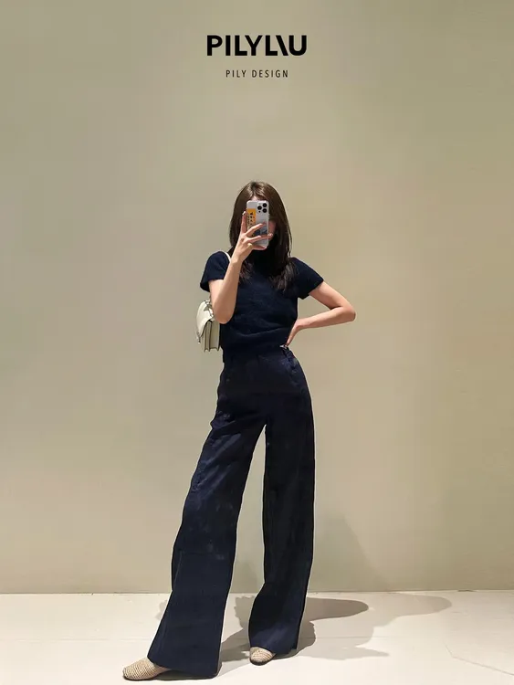 PILYLIU原创设计 深蓝亚麻 高腰亚麻A型阔腿长裤 休闲裤