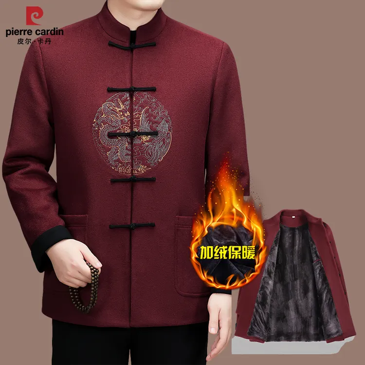 皮尔卡丹秋中老年爸爸装冬羊毛加绒加厚唐装中国风休闲时尚外套