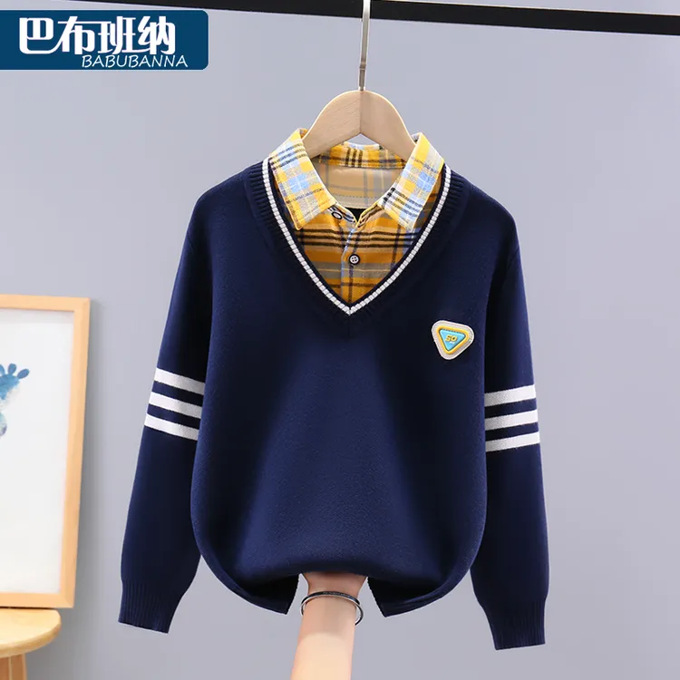 儿童毛衣假两件2025新款秋冬男童针织衫大童线衣纯棉男孩冬款加厚