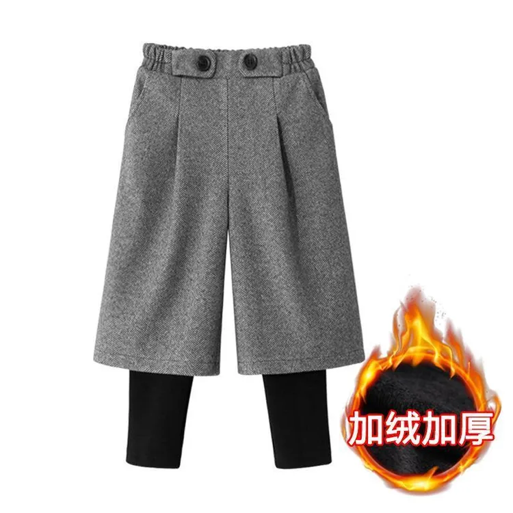 女童秋冬款加绒裤子中大儿童新款长裤假两件洋气打底裤呢料阔腿裤