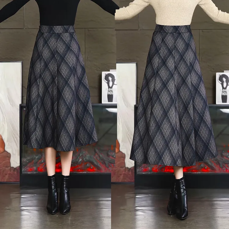 格子毛呢半身裙女伞裙伯克利半裙秋冬复古松紧腰裙子中长款a字裙