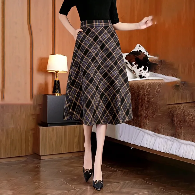 2024秋冬新款百搭格子半身裙高腰a字裙中长款大摆休闲跳舞裙