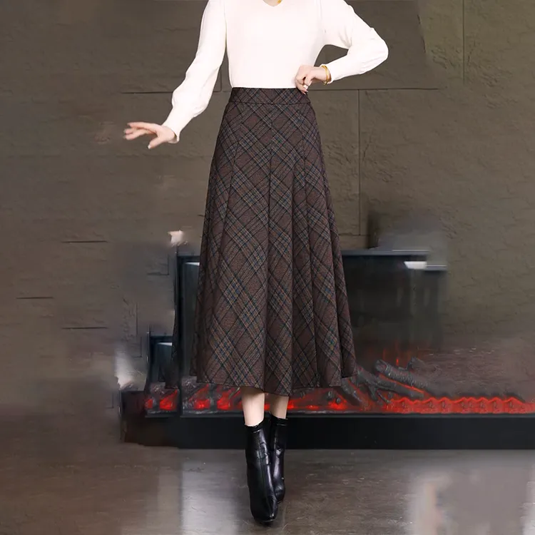 女装半身裙中长款高腰女士裙子气质秋冬毛呢复古长裙垂感格子裙