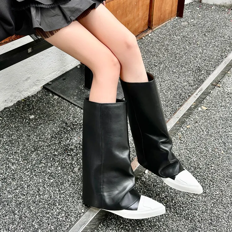 小众设计尖头平底裤管靴2025春夏新款显瘦时髦辣妹长筒靴女不过膝