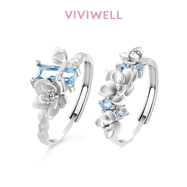 925银锆石戒指 VIVIWELL幽然茉莉蓝钻设计情侣对戒玫瑰闺蜜戒指