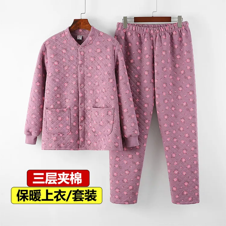 中老年三层夹棉保暖家居服秋冬纯棉加厚长袖上衣妈妈睡衣加肥大码