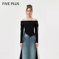 FIVE PLUS冬装T恤女一字领露肩修身抽绳长袖打底套头衫2TN3022210