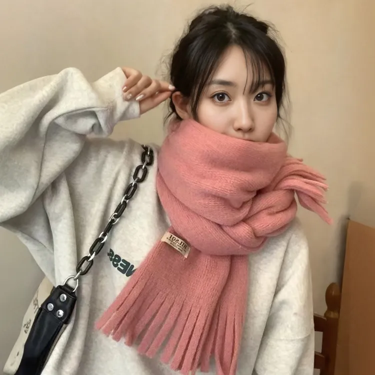 时尚纯色流苏毛绒围巾女秋冬季加绒加厚新款韩版百搭情侣保暖围脖
