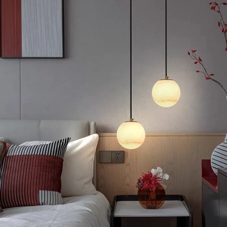 铭博北欧创意可升降西班牙天然云石现代新中式卧室床头伸缩小吊灯