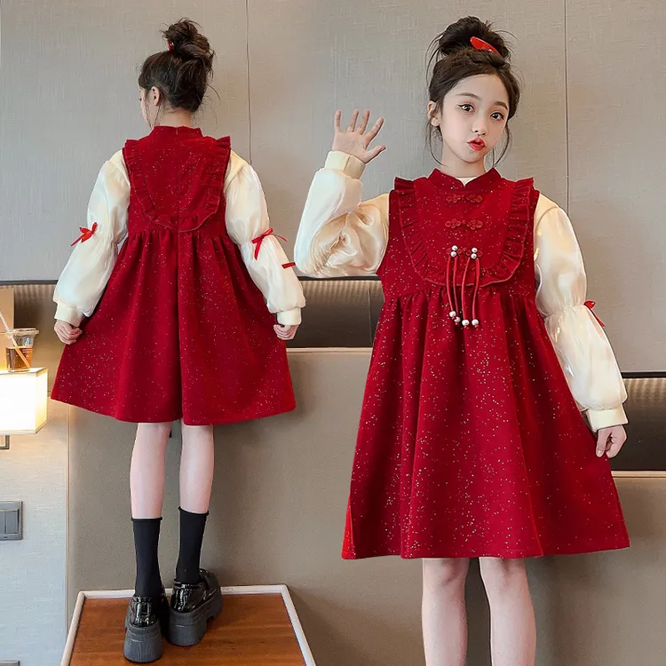儿童装背心裙套装加绒加厚拜年服大童泡泡袖上衣细闪连衣裙两件套