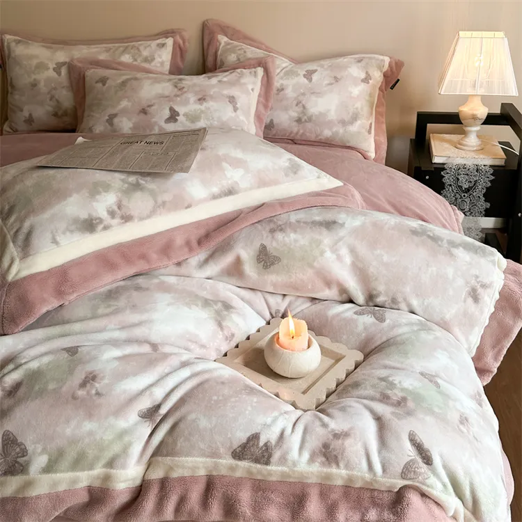 A类慕丝绒印花牛奶绒四件套双面绒被套加绒加厚保暖冬季床上用品
